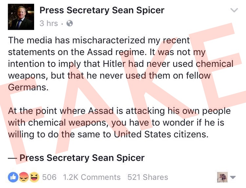 Hoax apology posted to Facebook yesterday by a fake account purporting to be Press Secretary Sean Spicer (Screenshot via Twitter/Facebook)